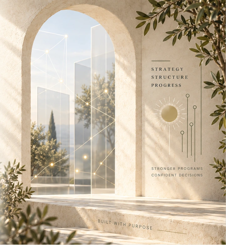 A sunlit stone arch frames connected glass panels and a subtle sun-and-circuit motif.